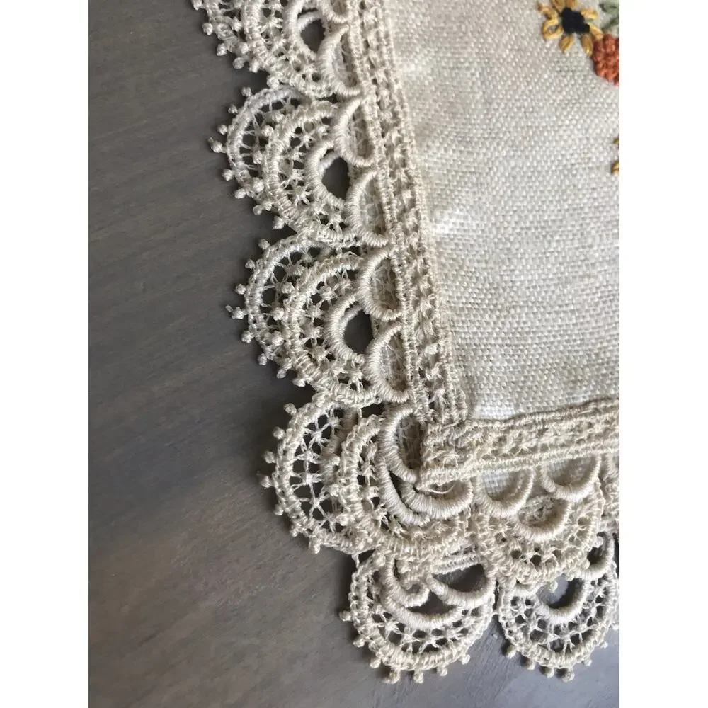 Two beige VINTAGE Cloth/Lace Dinner Napkins with Embroidered Sunflowers #LACEDUP